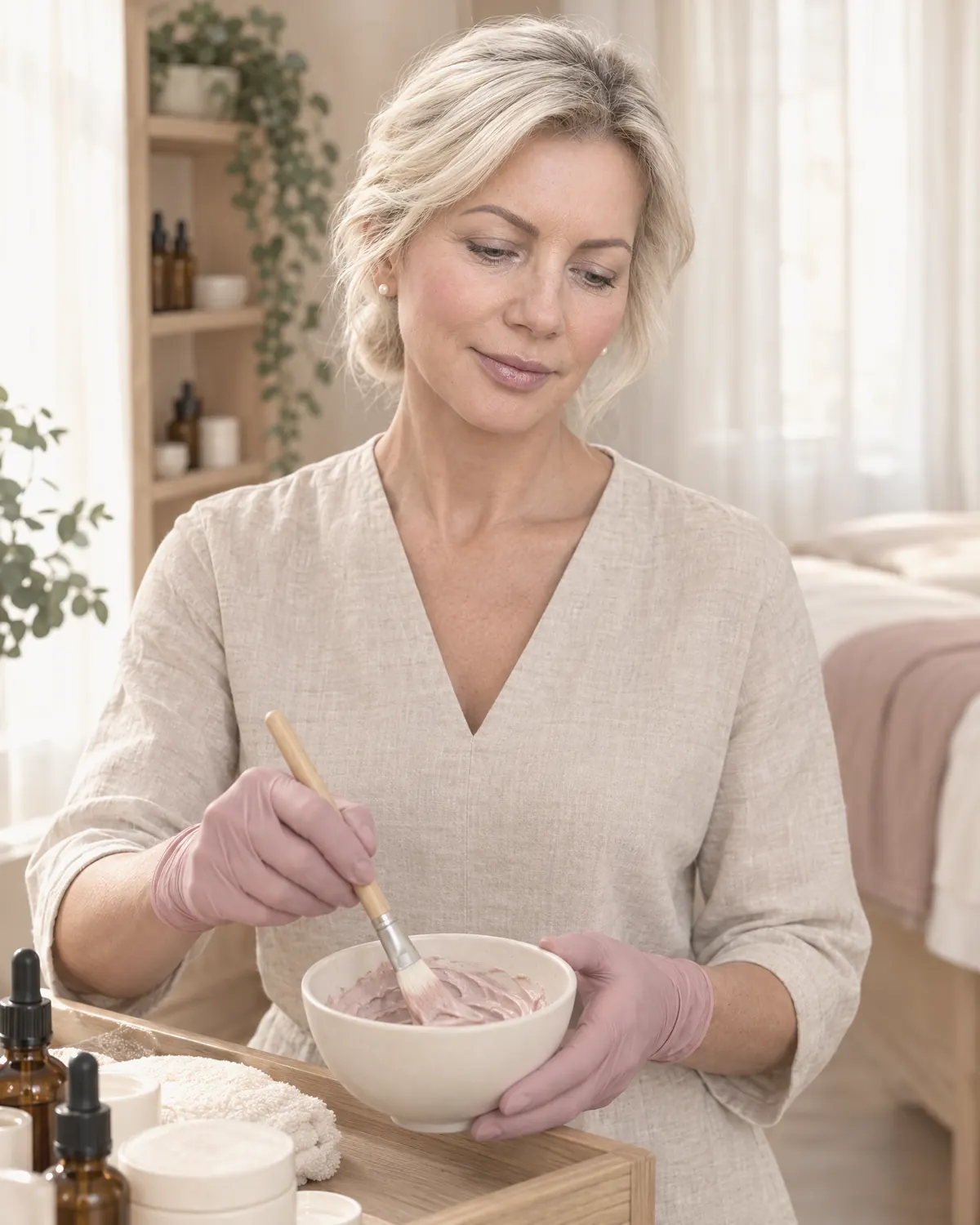 Basia Kelly mixing a custom clay mask in her Rancho Bernardo treatment suite