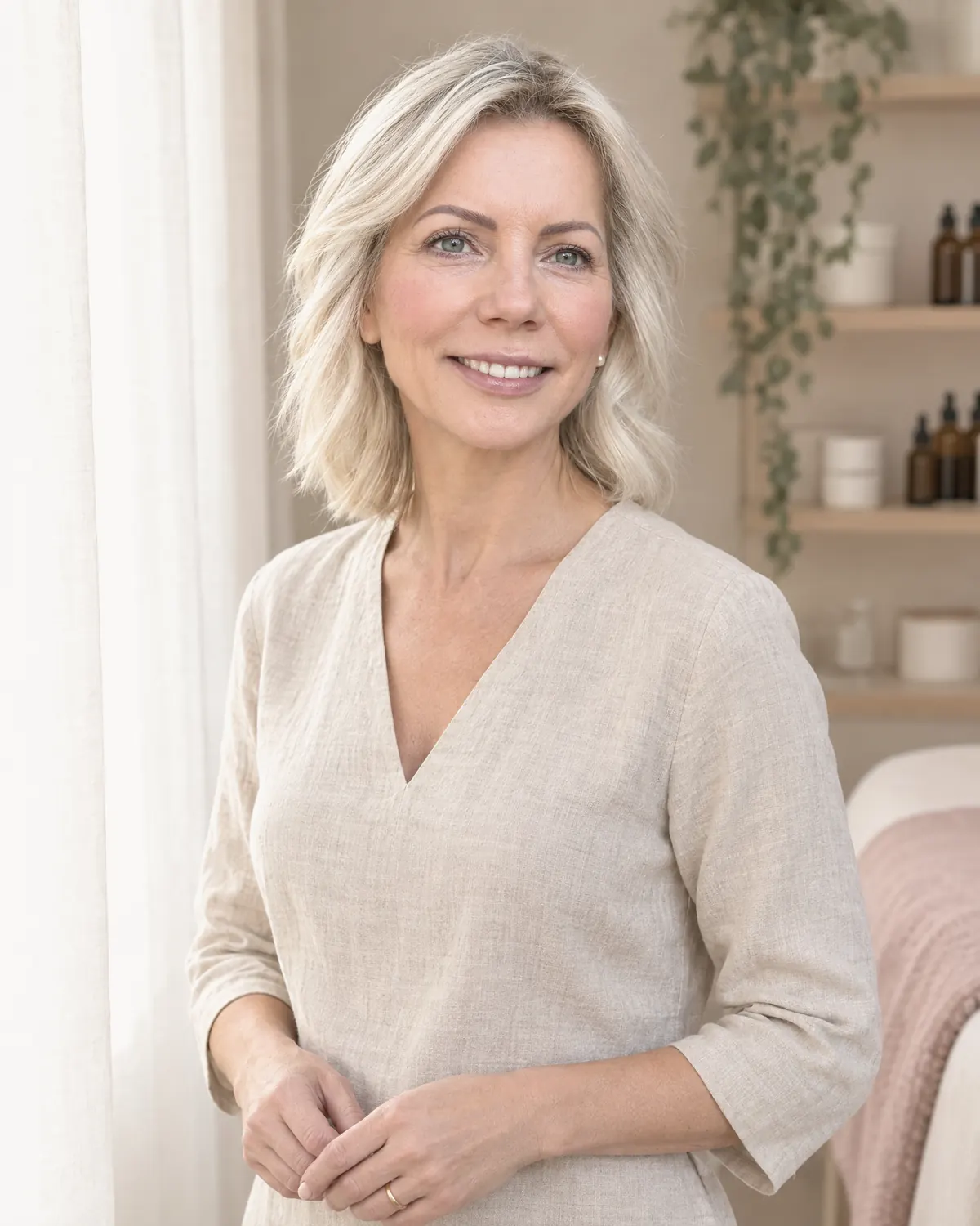 Basia Kelly, licensed esthetician, smiling by the window of her Rancho Bernardo skin studio