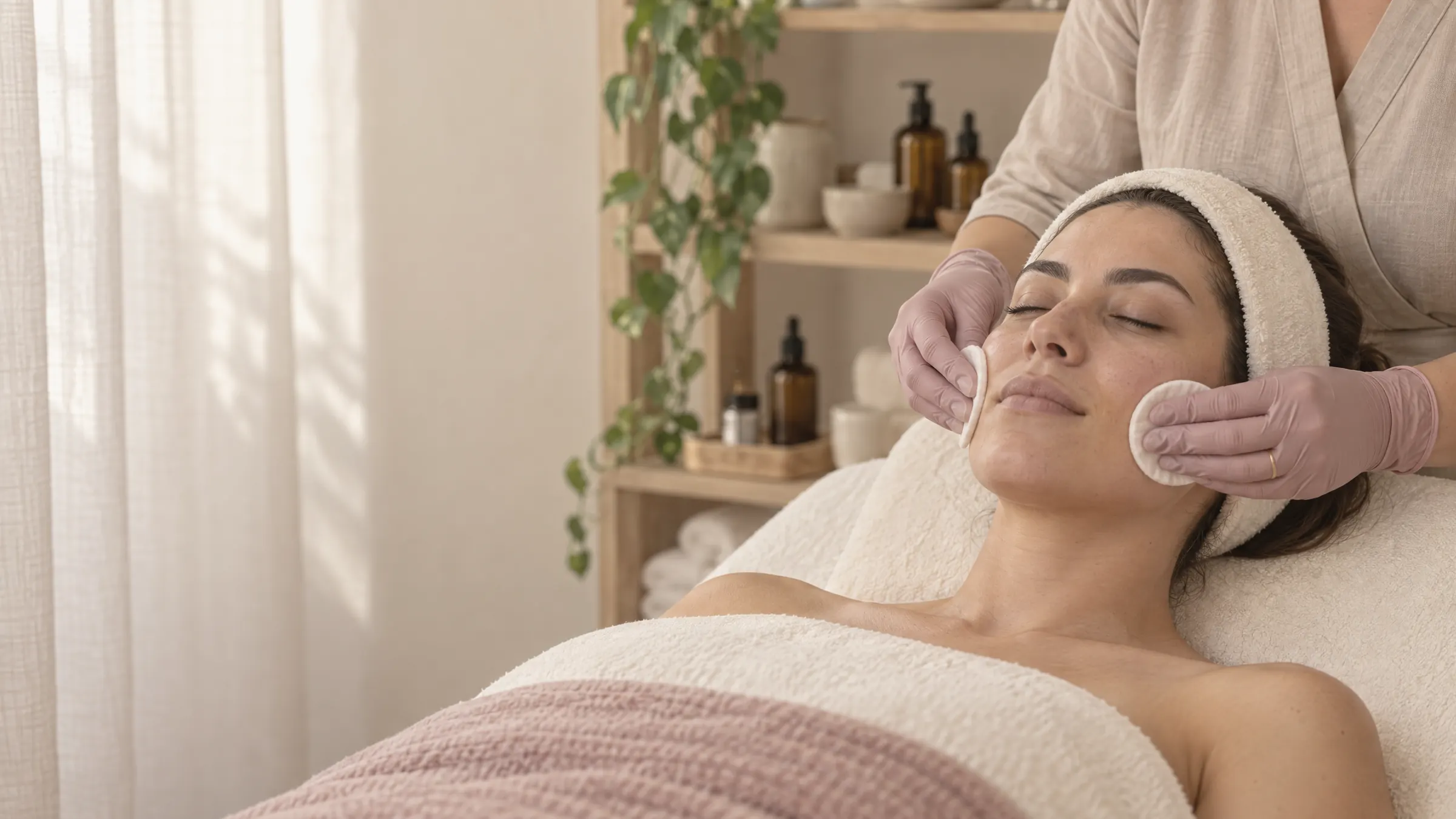 A client relaxing with eyes closed as her face is gently cleansed during a facial