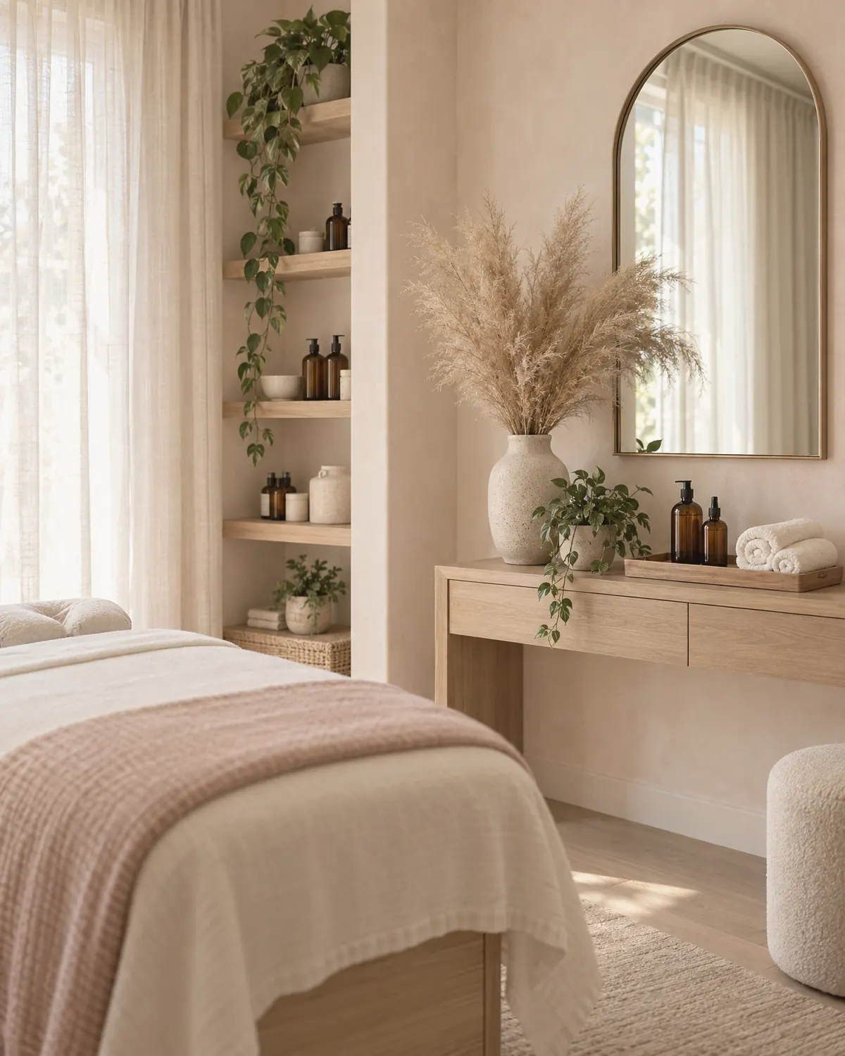 A quiet corner of the studio with dried pampas, an arched mirror and rolled towels
