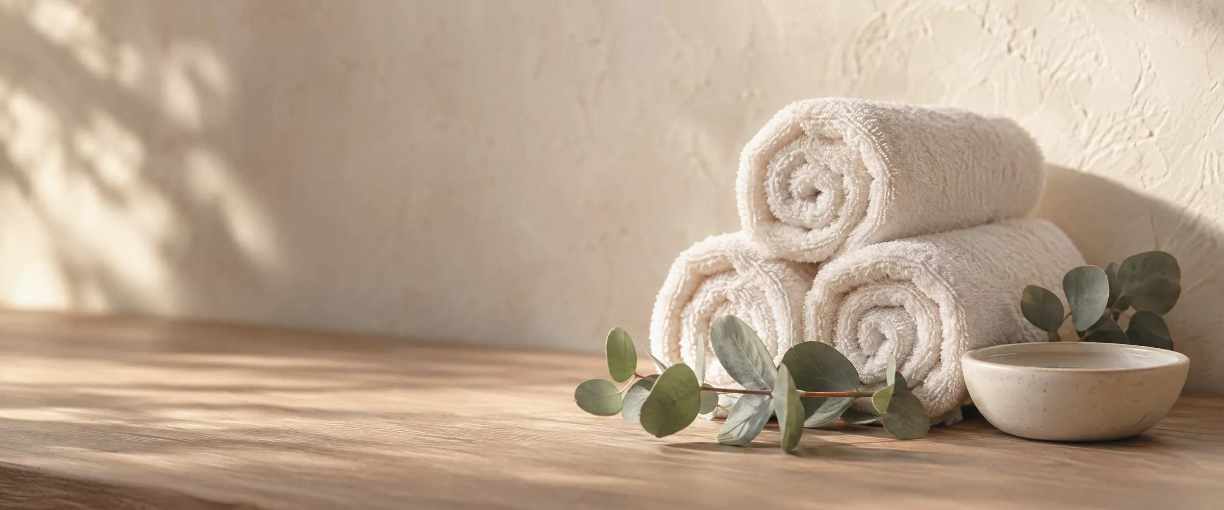 Soft rolled ivory towels and fresh eucalyptus in the treatment room