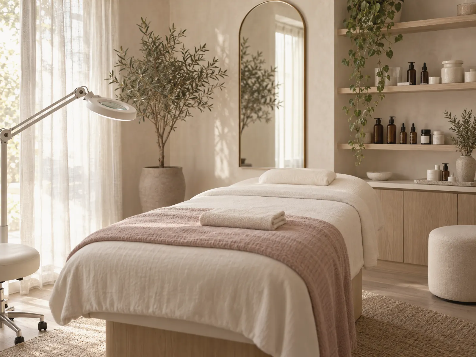 The calm treatment suite at Secret Beauty, with ivory linens, an arched mirror and an olive tree